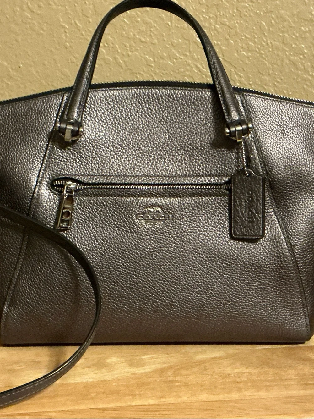 Coach Prairie Satchel Metallic Platinum Pebble Leather Crossbody Handbag